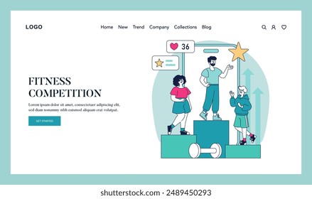 Health Gamification concept. Interactive fitness competition illustration with people on podiums, celebrating achievements. Vector illustration.