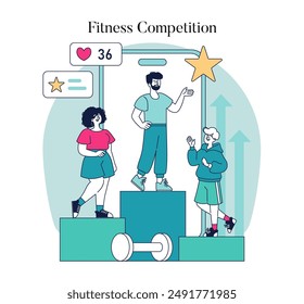 Health Gamification concept. Interactive fitness challenge with characters earning rewards for exercise achievements. Engagement in wellness activities. Vector illustration.