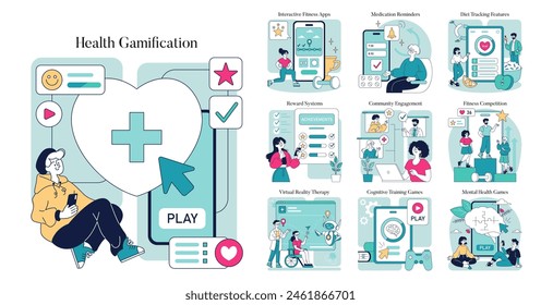 Health Gamification set. Engaging users in wellness activities through playful interactions. Fitness tracking, virtual therapy, and reward motivation. Vector illustration.