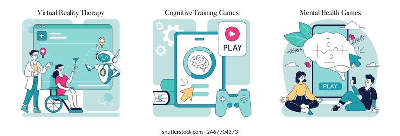 Health Gamification set. Virtual reality therapy, cognitive exercises and mental wellness through interactive games. Engaging digital healthcare solutions. Vector illustration.