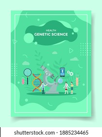 health genetic science people doctor scientist around microscope genome magnifier dna for template of banners, flyer, books cover, magazines with liquid shape style