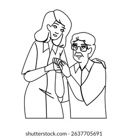 health geriatric care senior patient vector. old woman, giver medical, disease elderly health geriatric care senior patient character. people black line pencil drawing illustration