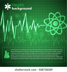 Health green background with text and medical symbols flat vector illustration