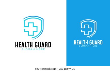 Design de logotipo do Health guard. Símbolo de crachá com ícone de mais para o ícone de saúde. Modelo de vetor de seguro