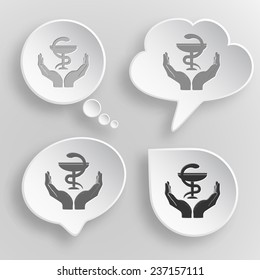 health in hands. White flat vector buttons on gray background.
