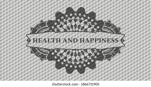 Health and happiness text inside grey color shiny geometric pattern realistic emblem. Trendy luxurious background. Illustration. 