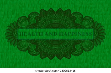 Health and happiness text inside Guilloche green grama grass realistic emblem. Eco fancy background. Illustration. 