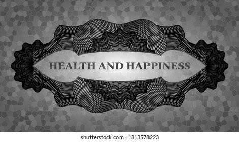 Health and happiness text inside Linear grey stone wall badge. Rock luxurious background. Intense illustration. 