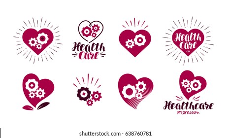 Health, healthcare logo. Heart, gears, vital energy icon or symbol. Label vector illustration