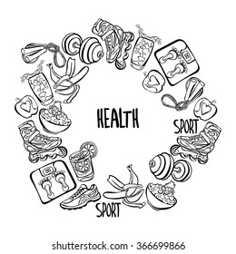 Health. Healthy lifestyle. Healthy food. Sport. Sneakers, roller skates, cereal, fruit (apple, banana), glass of water, floor scales, rope, dumbbells. Frame - wreath.