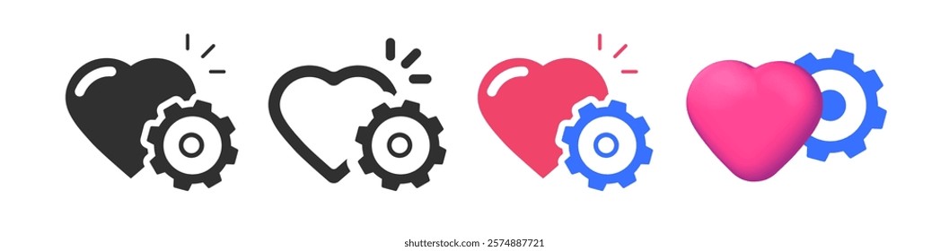 Health health hear cogwheel icon simple solid pictogram graphic illustration set, cardiology health care medical innovation tech logo sign symbol, love feel custom settings mechanism image clip art