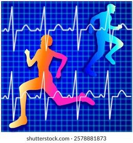 Health and heart care, illustration of heart rate and man and woman running
