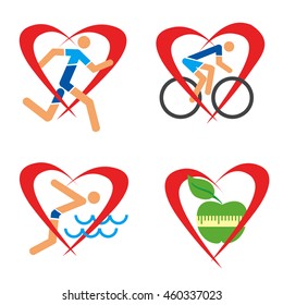 Health heart fitness icons.
Icons with runner, swimmer, cyclist and apple in the heart shape.  
