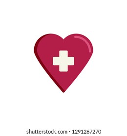 Health heart flat icon, vector sign, colorful pictogram isolated on white. Heart with cross symbol, logo illustration. Flat style design