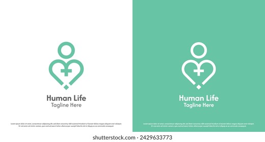 Health heart plus logo design illustration. Silhouette of person shape cross health green human love fitness wellness healthcare. Mint clean help geometric abstract minimal simple icon symbol.