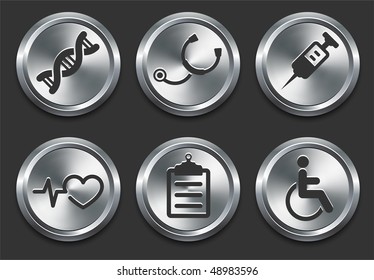 Health Hospital Icons on Metal Internet Button Original Vector Illustration