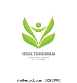 Health human character - vector logo template concept illustration. Green leaves sign. Healthy symbol. Nature ecology icon. Abstract design element. 