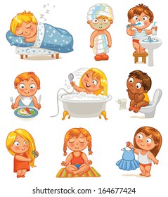 Health and hygiene. Baby girl after the shower in a bathrobe and towel, taking a bath, brushing her hair, tries on a new dress. Funny little boy brushing teeth, sitting on toilet, sleeping, breakfast