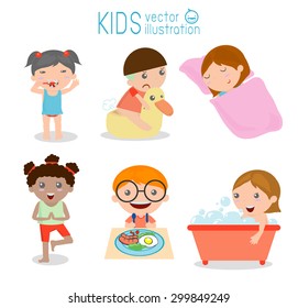Health and hygiene, daily routines for kids, Vector Illustration.
