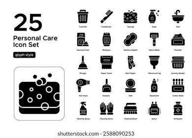 Health and Hygiene Practices. Clean Hands, Oral Care, and Skin Protection. Vector Illustration. Glyph solid icon set
