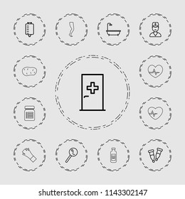 Health icon. collection of 13 health outline icons such as aid post, shower, drop counter, pipette, search sperm, doctor, potato. editable health icons for web and mobile.