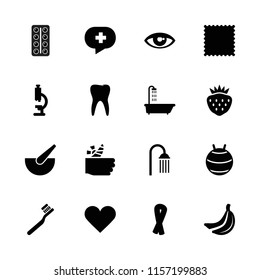 Health icon. collection of 16 health filled icons such as shower, ribbon, toothbrush, microscope, strawberry, fit ball, banana. editable health icons for web and mobile.