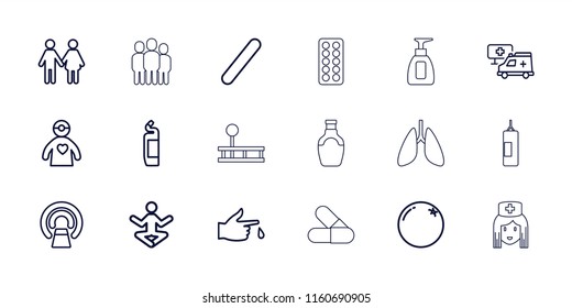 Health icon. collection of 18 health outline icons such as orange, cleanser, family, yoga, mri, injured finger, bandage, hospital. editable health icons for web and mobile.