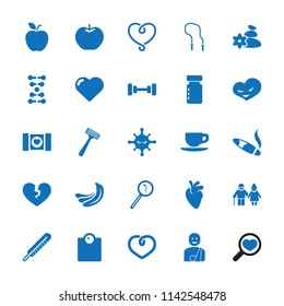 Health icon. collection of 25 health filled icons such as banana, apple, heart, barbell, razor, bacteria, search sperm. editable health icons for web and mobile.