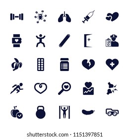 Health icon. collection of 25 health filled icons such as apple, squat, heart, injection, bandage, doctor prescription, kettle. editable health icons for web and mobile.