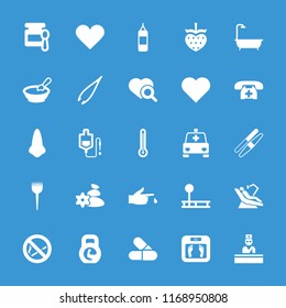 Health icon. collection of 25 health filled icons such as baby food, porridge, nose, barber brush, tweezers, floor scales, sawing. editable health icons for web and mobile.