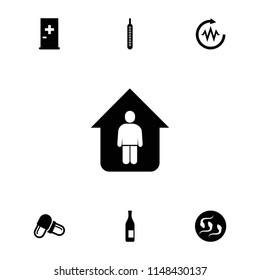 Health icon. collection of 7 health filled icons such as aid post, bottle, pill, thermometer, man in home, heartbeat. editable health icons for web and mobile.