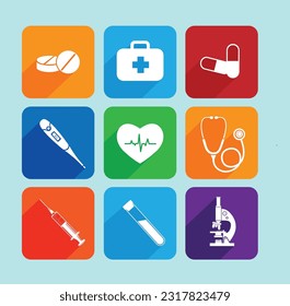 health icon collection, medical icons, heatbeat, injecting, medicines, bed, clock, bag