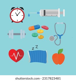 health icon collection, medical icons, heatbeat, injecting, medicines, bed, clock, bag