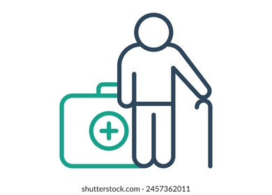 health icon. elderly using walking stick with health box. icon related to elderly. line icon style. old age element illustration