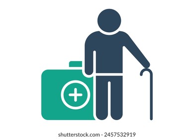 health icon. elderly using walking stick with health box. icon related to elderly. solid icon style. old age element illustration