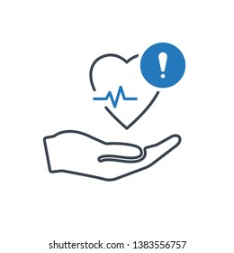 Health icon with exclamation mark. Heart pulse icon and alert, error, alarm, danger symbol