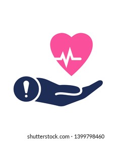 Health icon with exclamation mark. Heart pulse icon and alert, error, alarm, danger symbol