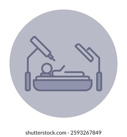 Health icon of medical procedure with patient lying on bed, surrounded by surgical instruments. Checkup environment concept