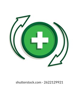 health icon. plus sign with circular arrow. mental, medicine, pharmacy, hospital, drug, web. Mixed style design