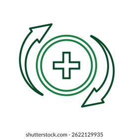 health icon. plus sign with circular arrow. mental, medicine, pharmacy, hospital, drug, web. Line style design
