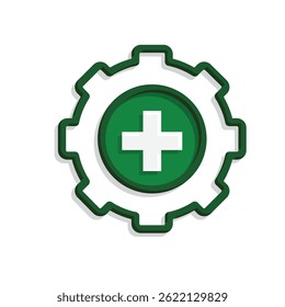 health icon. plus sign in gear. mental, medicine, pharmacy, hospital, drug, web. Line style design