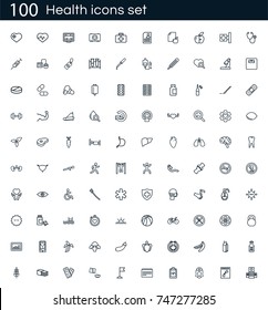 Health icon set with 100 vector pictograms. Simple outline medical icons isolated on a white background. Good for apps and web sites. 