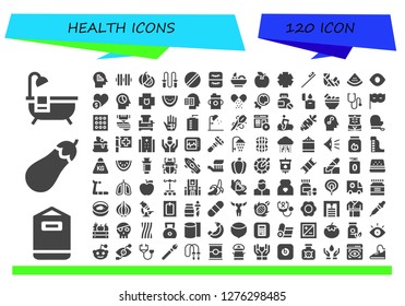  health icon set. 120 filled health icons. Simple modern icons about  - Bathtub, Punching bag, Eggplant, Mind, Dumbbell, Watermelon, Jumping rope, Pill, Eyelash, Salad, Apple
