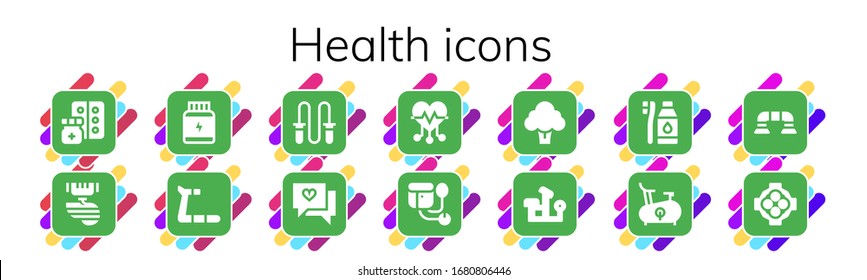 health icon set. 14 filled health icons. Included Medicine, Organ, Protein, Treadmill, Jumping rope, Love, Heart, Sphygmomanometer, Broccoli, Bench press, Tooth Brush, Bike icons