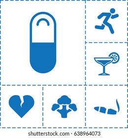 Health icon. set of 6 health filled icons such as cigarette, broccoli, pill, running, cocktail