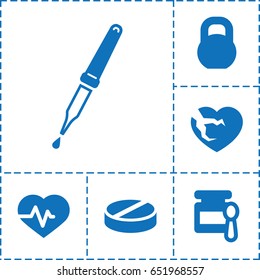 Health icon. set of 6 health filled icons such as baby food, heartbeat, pill, barbell, broken heart