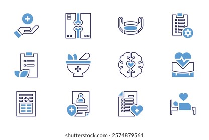 Health icon set. Bold line style. Duotone colors. Editable stroke. hospitalbed, healthcheckup, healthclinic, health, hospital, clipboard, brain, medicalmask.