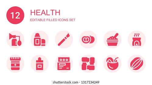 health icon set. Collection of 12 filled health icons included Breast pump, Lip balm, Makeup, Tomato, Baby food, Medicine, Ear dropper, Arms, Coconut, Incense, Watermelon