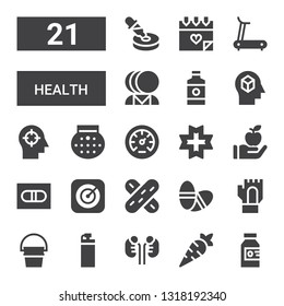 health icon set. Collection of 21 filled health icons included Poison, Carrot, Kidneys, Bottle, Bucket, Gloves, Pills, Tongue depressor, Apple, Pill, Love, Pressure, Shower, Mind