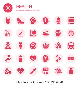 health icon set. Collection of 30 filled health icons included Body, Shoe, Mind, Avocado, Wheelchair, Incense, Apple, Salad, Nurse, Carrot, Chili, Atom, Give love, Punching bag